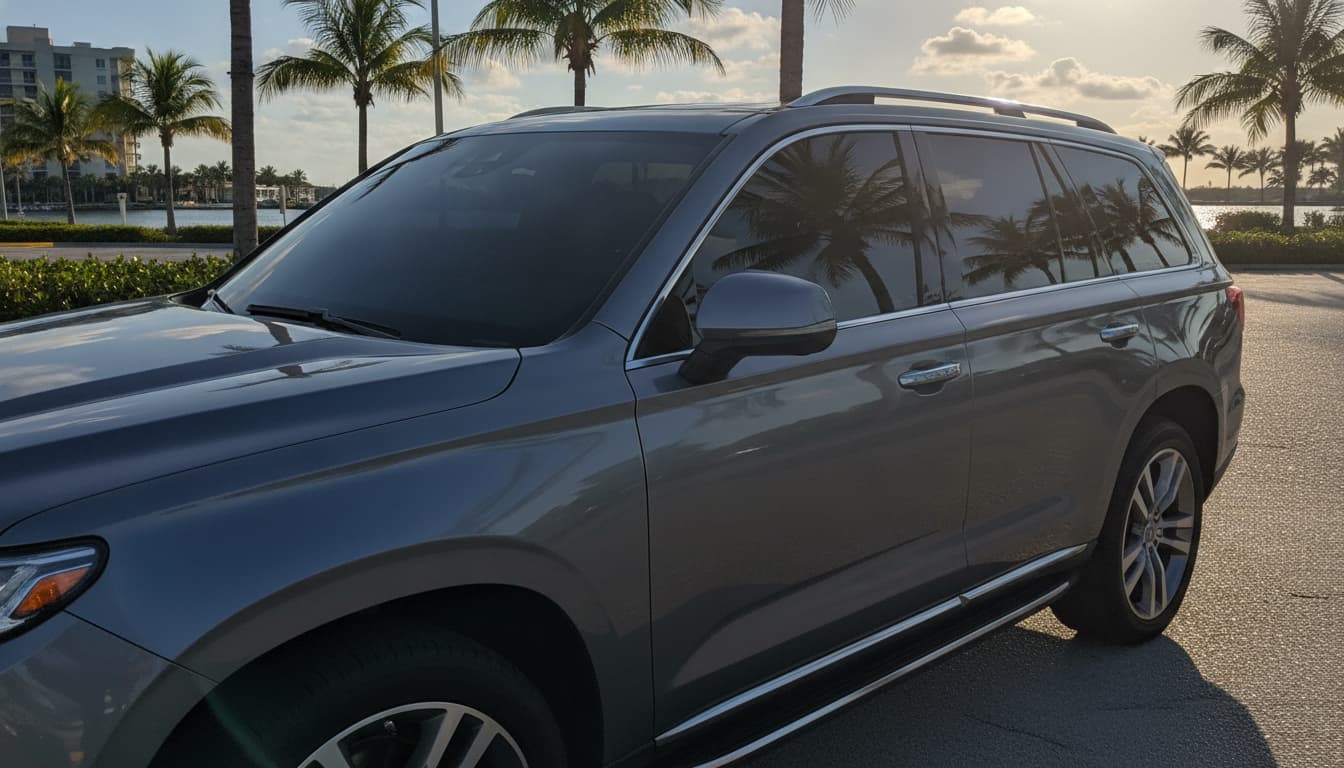 SUV with dark nano-ceramic window tint reflecting palm trees at sunset in Florida