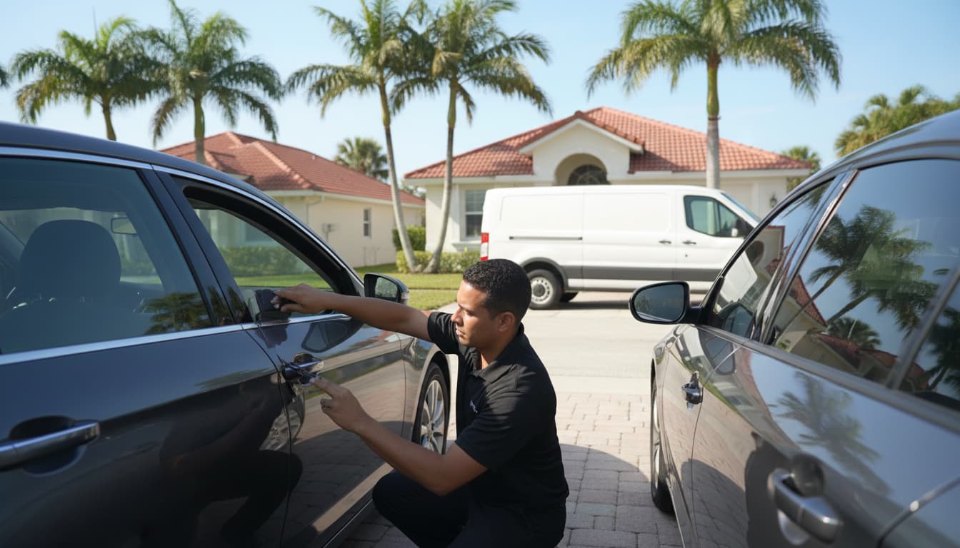 Mobile window tinting technician tinting a car at a Florida home